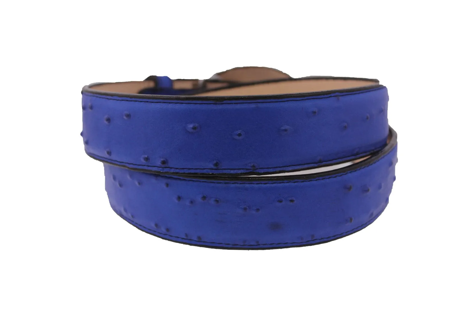 Blue Western Cowboy Belt Ostrich Quill Print Leather - Rodeo Buckle