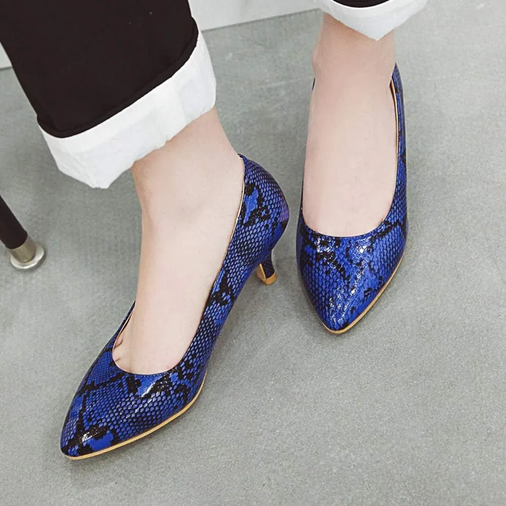 Caradise Womens Low Kitten Heel Snakeskin Pumps Closed Pointed Toe Dress Shoes