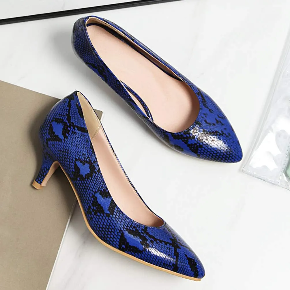 Caradise Womens Low Kitten Heel Snakeskin Pumps Closed Pointed Toe Dress Shoes