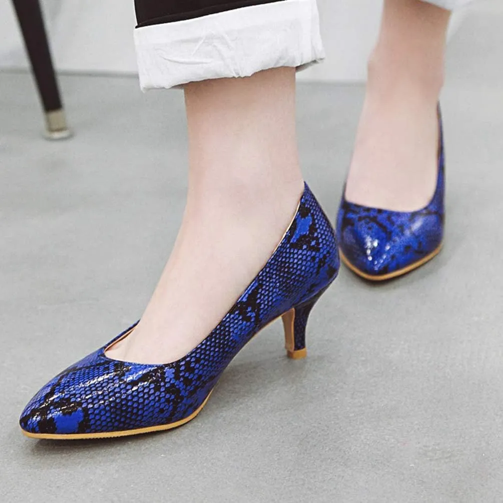 Caradise Womens Low Kitten Heel Snakeskin Pumps Closed Pointed Toe Dress Shoes
