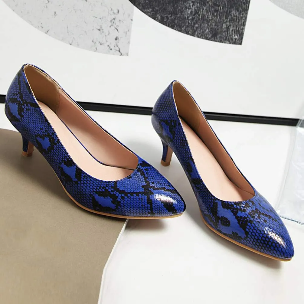 Caradise Womens Low Kitten Heel Snakeskin Pumps Closed Pointed Toe Dress Shoes