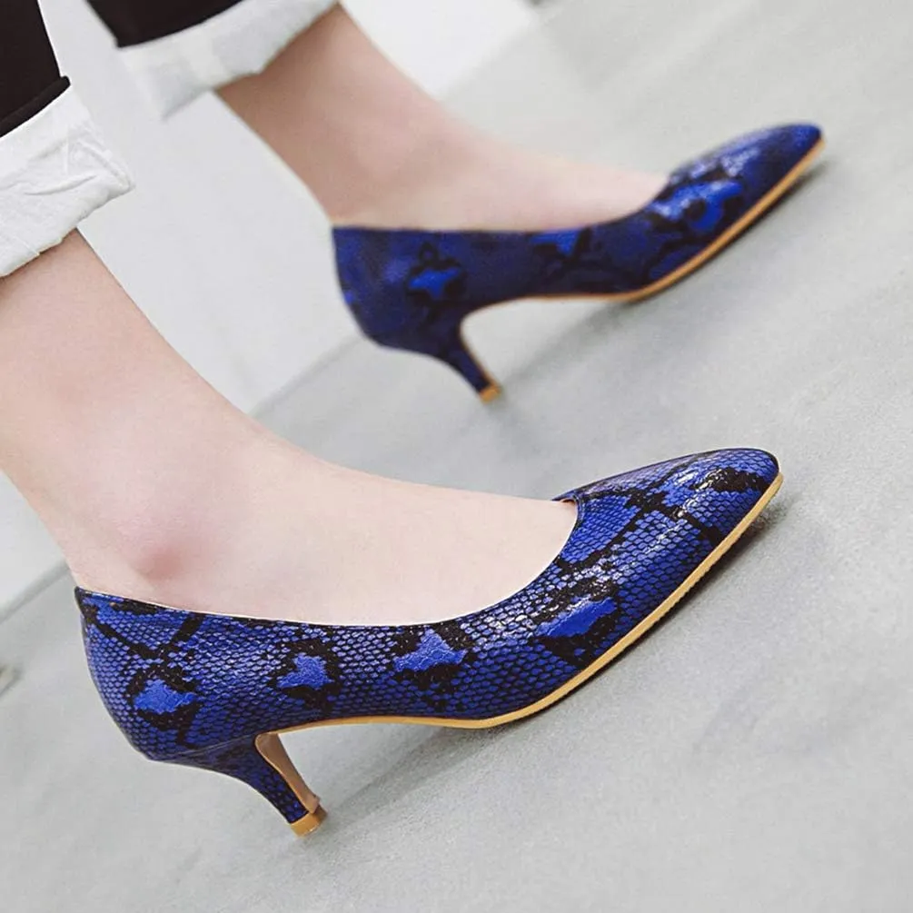 Caradise Womens Low Kitten Heel Snakeskin Pumps Closed Pointed Toe Dress Shoes