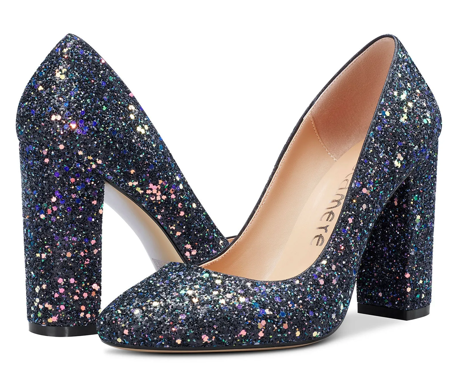 CASTAMERE Womens High Heels Round Toe Pumps Slip-on 10CM Chunky Block Heel Office