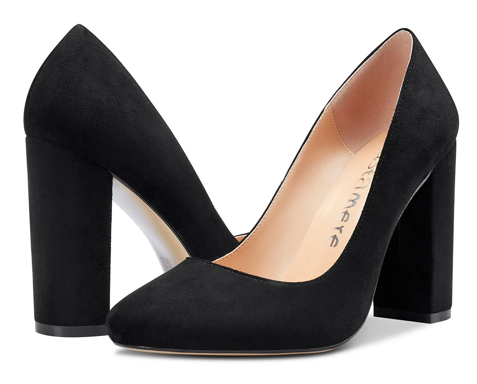 CASTAMERE Womens High Heels Round Toe Pumps Slip-on 10CM Chunky Block Heel Office