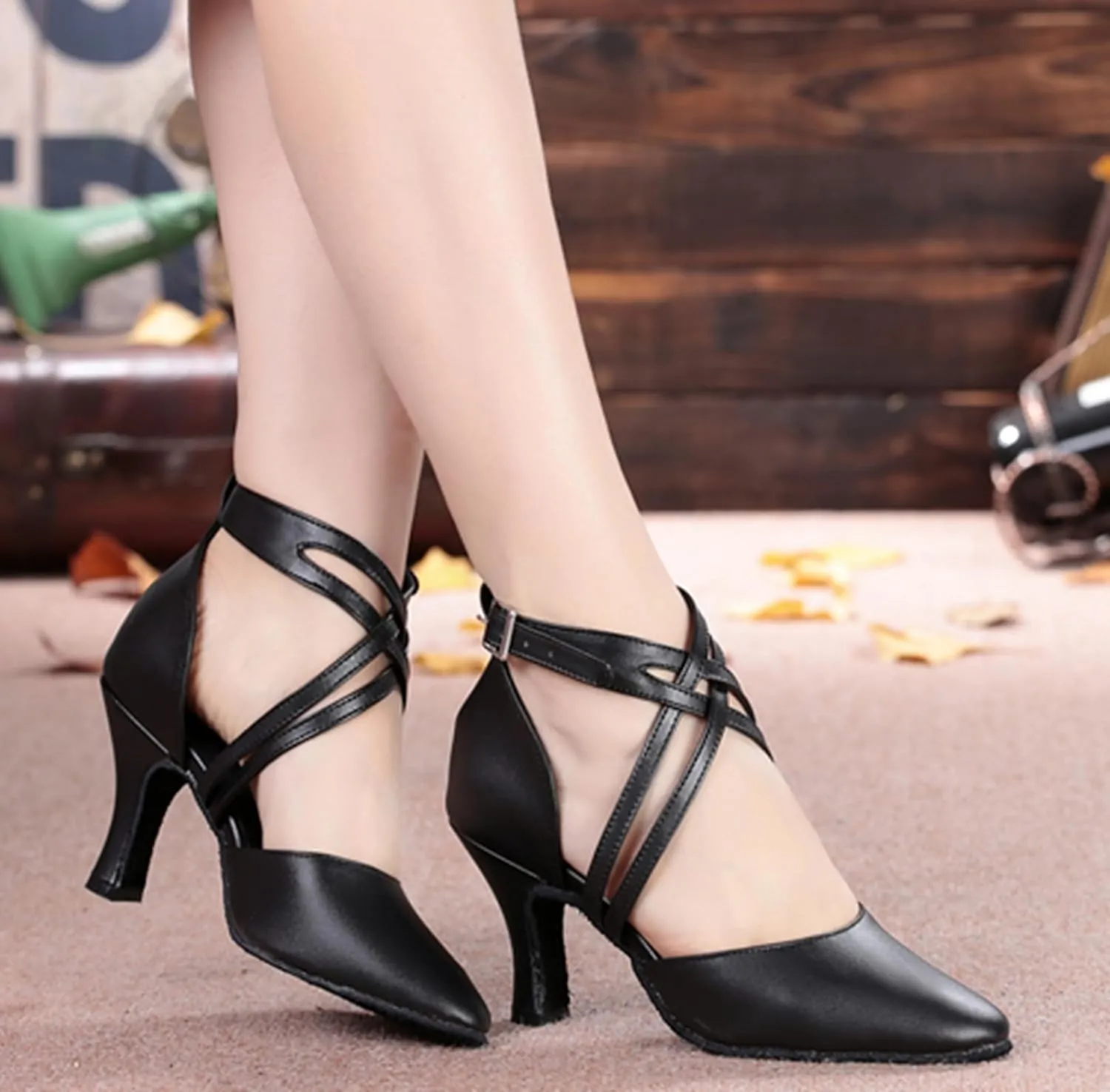 Dance Shoes for Women Ankle Strap Ballroom Latin Dancing Heels Evening Pumps with Buckle X2030