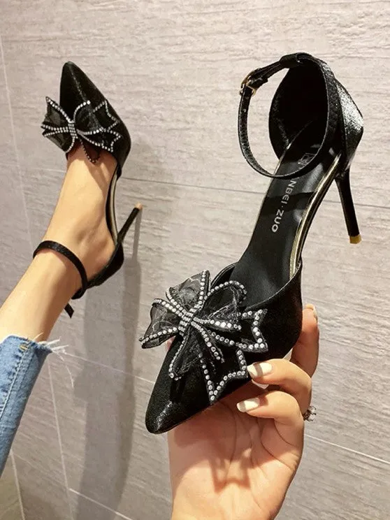 Faux Suede Rhinestone Bow Decor Ankle Strap Pumps