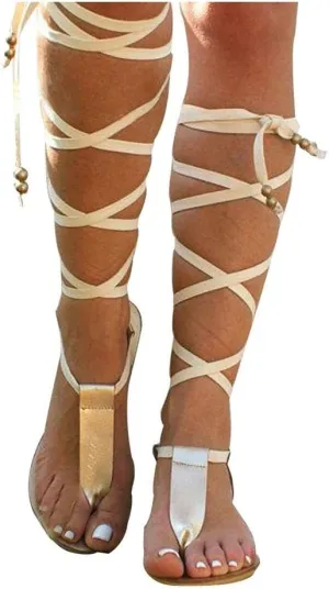 Gibobby Sandals for Women Dressy,Women Gladiator Sandals Flat,Summer Strappy Lace Up Open Toe Knee High Flat Sandal