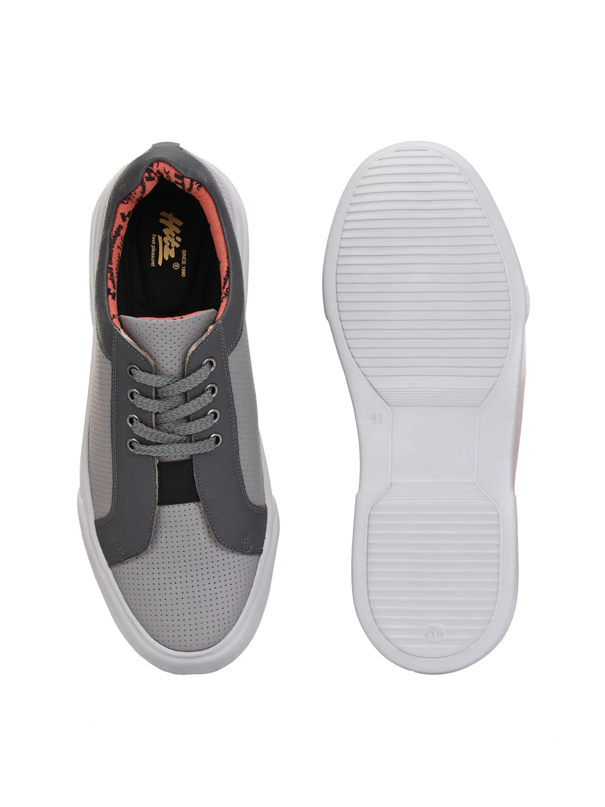 Hitz Men's Grey Leather Casual Lace-Up Sneaker