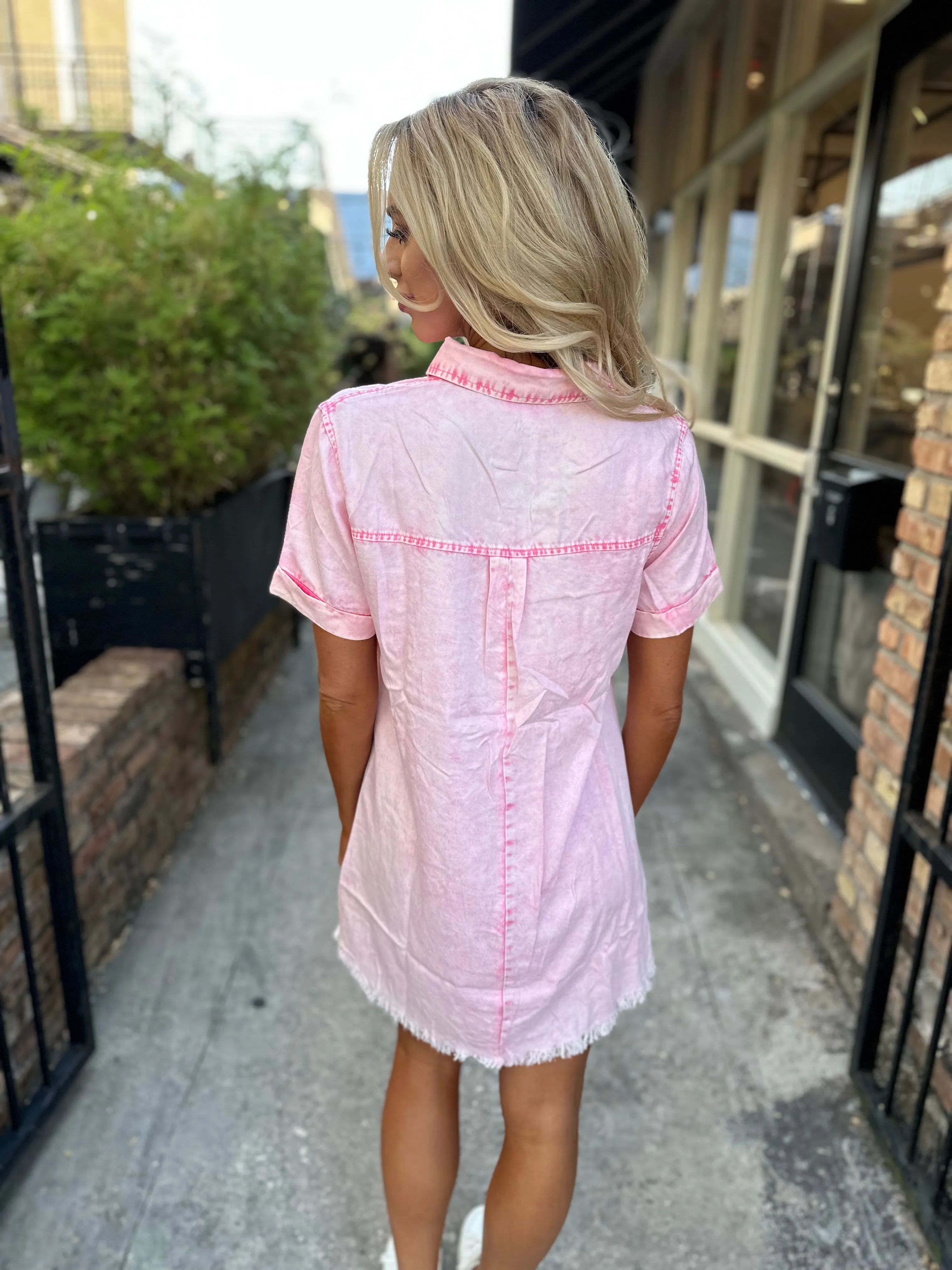 Moon Washed Denim Mini Dress- Pink