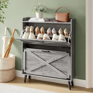 premium Farmhouse Shoe Cabinet with Barn Doors & 2 Flip Drawers, Wood Shoe Storage Rack Organizer Holds 16 Pairs Shoes for Entryway/Hallway/Closet, Brown