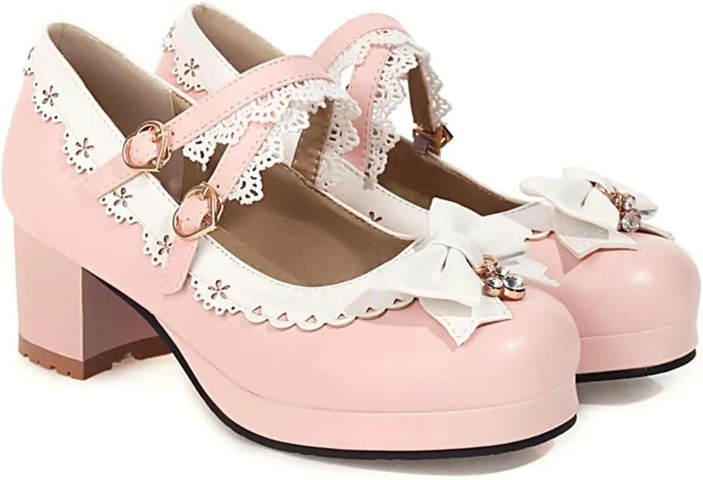 VOKLIN Women's Girls Lolita Mary Jane Shoes Sweet Bow Cross Ankle Strap Mid Heels Cosplay Oxford Dress Pumps