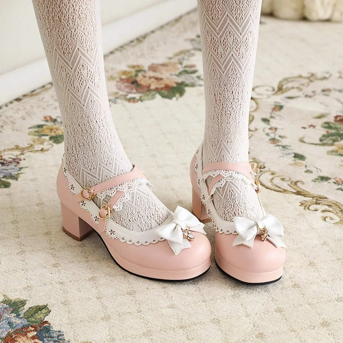 VOKLIN Women's Girls Lolita Mary Jane Shoes Sweet Bow Cross Ankle Strap Mid Heels Cosplay Oxford Dress Pumps