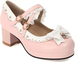 VOKLIN Women's Girls Lolita Mary Jane Shoes Sweet Bow Cross Ankle Strap Mid Heels Cosplay Oxford Dress Pumps