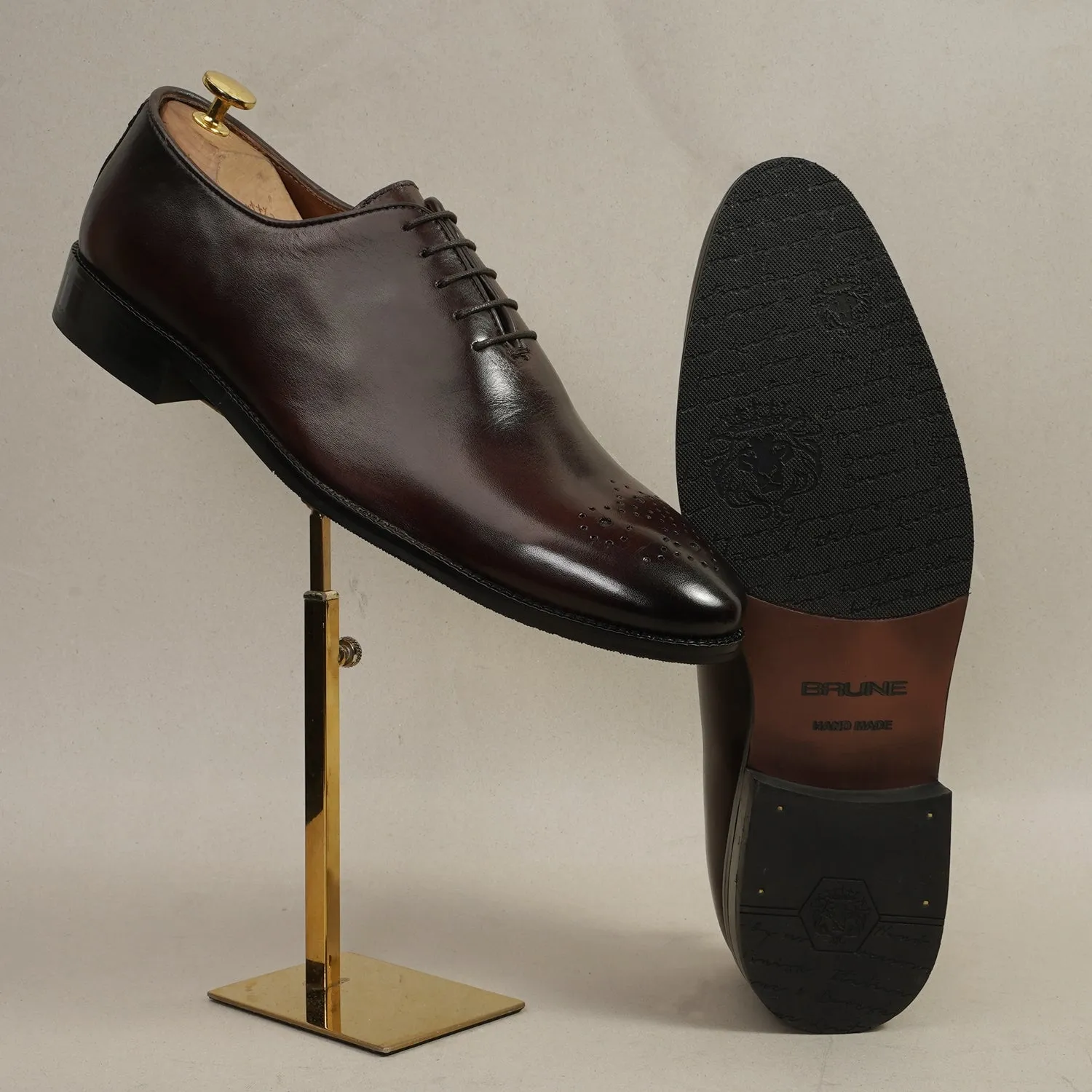 Whole Cut/One Piece Medallion Toe Dark Brown Oxford Lace-up Shoe