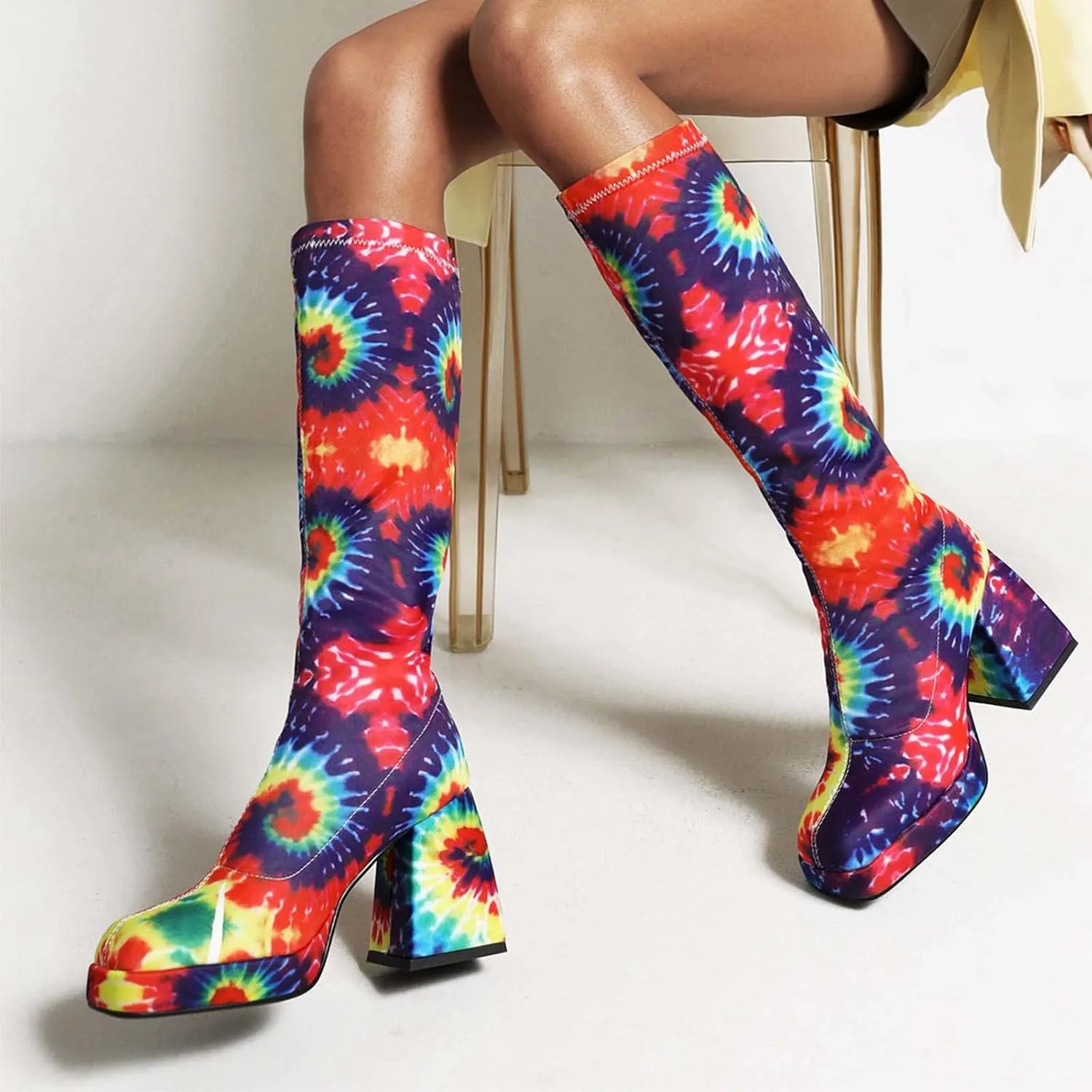 Women's Fashion Mid Calf Boots Snakeskin Print Thigh Platform Boots Chunky Pattern Mid Calf Boots Chocolate Color Boots