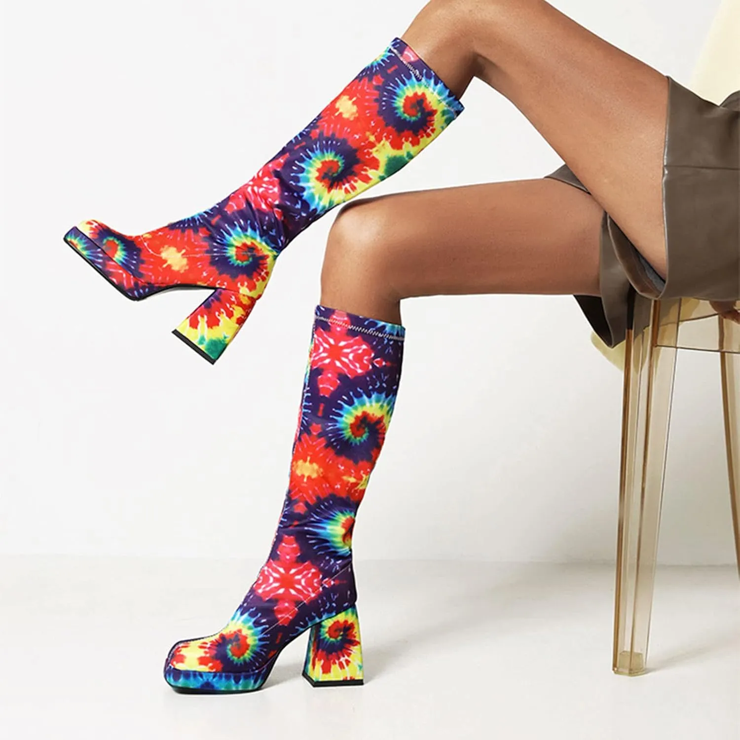 Women's Fashion Mid Calf Boots Snakeskin Print Thigh Platform Boots Chunky Pattern Mid Calf Boots Chocolate Color Boots