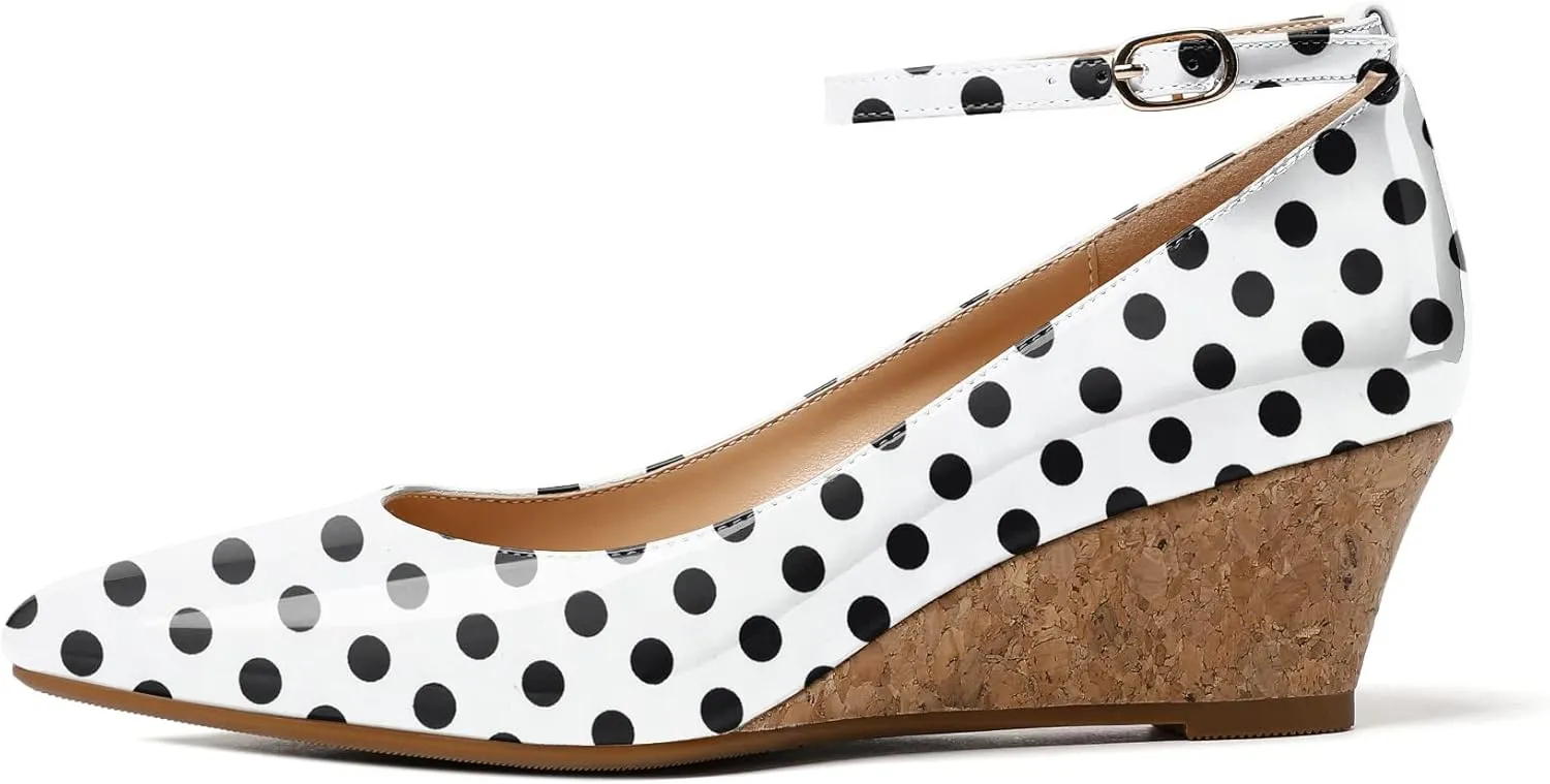 YODEKS Women's Wedge Pump Mid Heel Mary Jane Pointed Toe Shoes with Ankle Strap for Evening Party Dress Casual