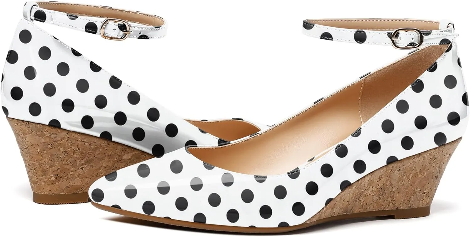 YODEKS Women's Wedge Pump Mid Heel Mary Jane Pointed Toe Shoes with Ankle Strap for Evening Party Dress Casual